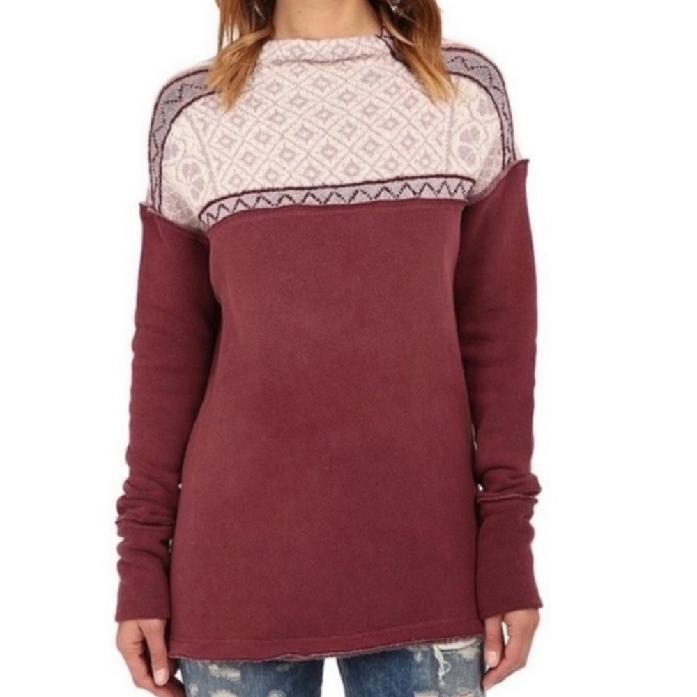 Free People Snow Bunny Fair Isle Maroon Distressed Pullover Sweatshirt Size M